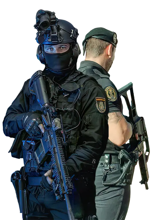 Inicio - Formación para opositores de Policía Nacional y Guardia Civil | Academia Centro 1 Guardia civil y policía en uniforme de servicio, en un fondo de academia en Alicante